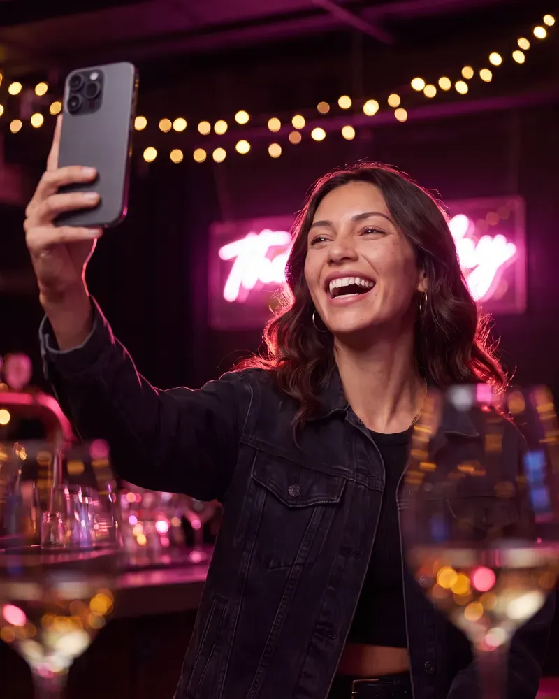 Creatorin filmt sich lachend mit dem Handy in einer Bar, Neon-Gegenlicht.