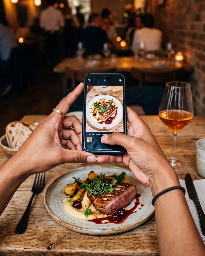 Restauranttisch von oben, Hände fotografieren das Essen mit dem Handy.
