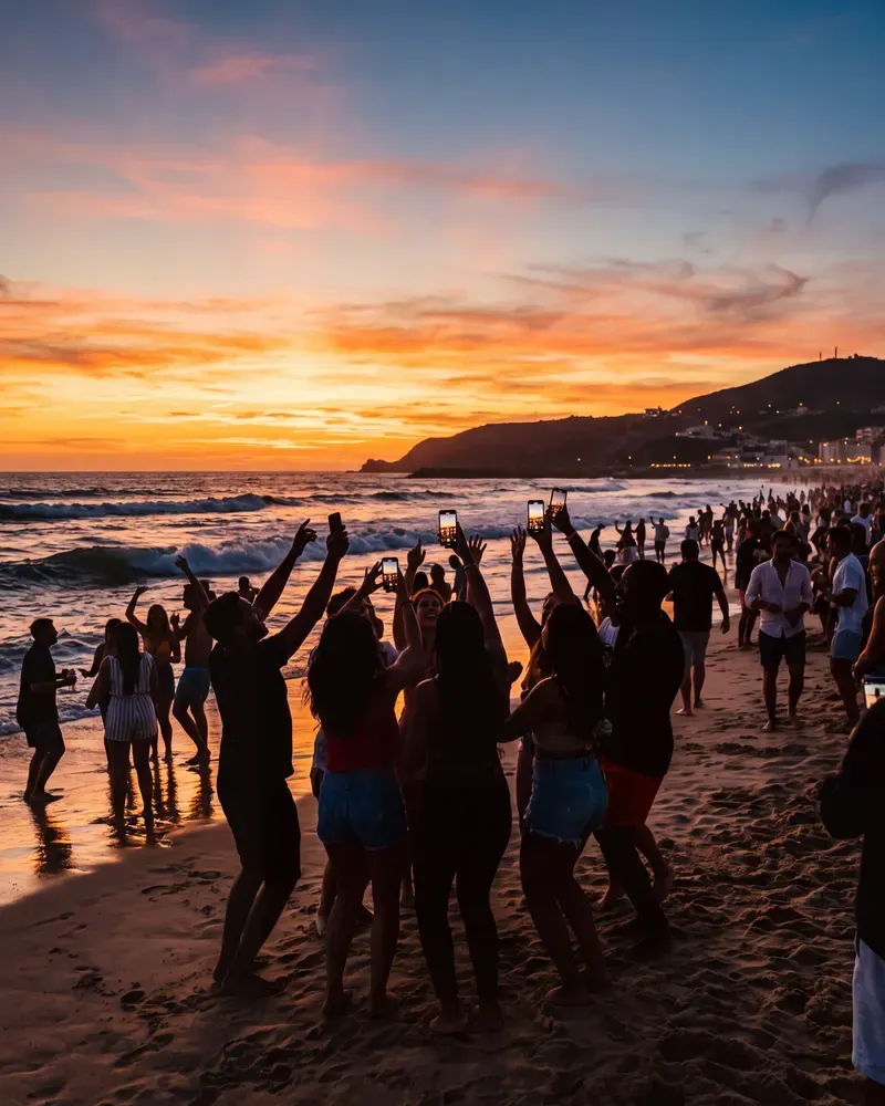 Beach Party bei Sonnenuntergang, Handys in der Luft.