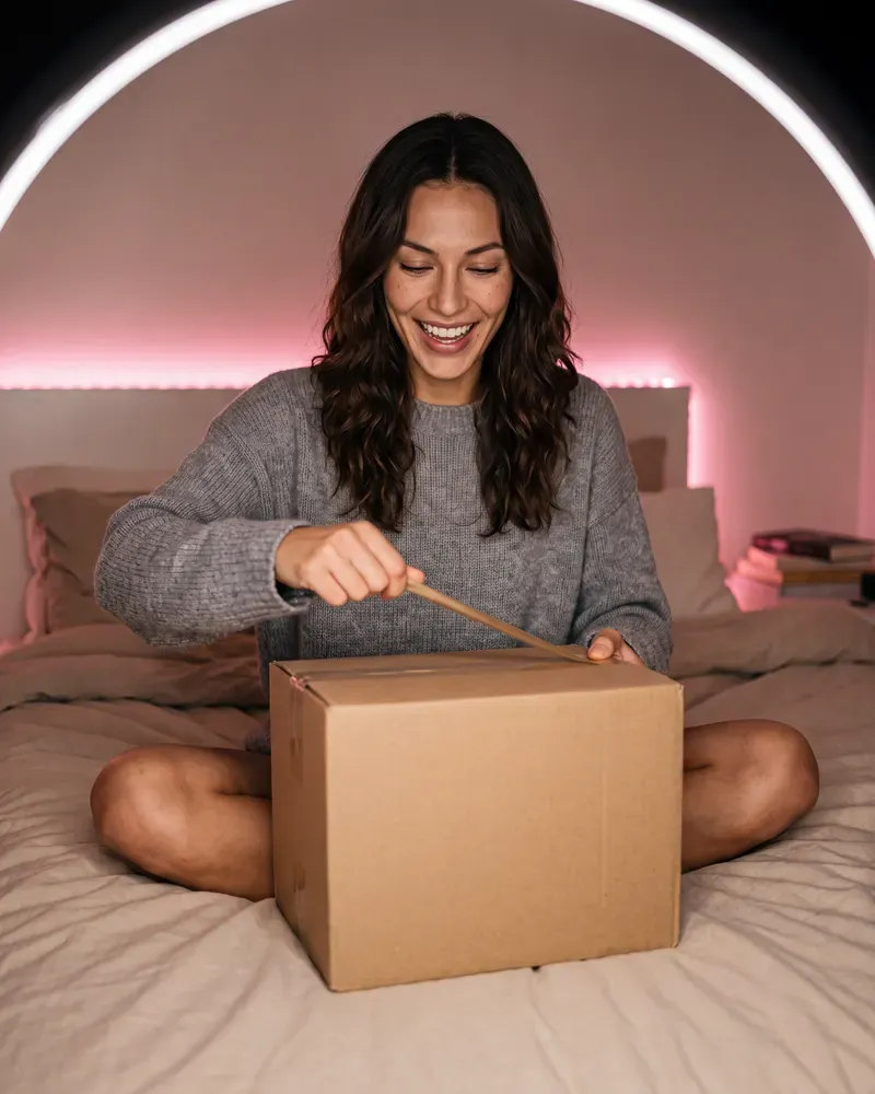 Unboxing auf dem Bett bei Ringlicht, markenloses Produkt.