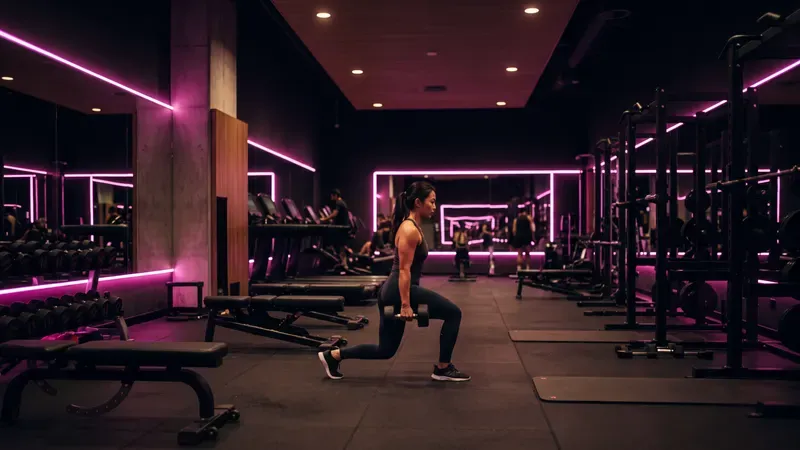 Gym mit pinken Lichtleisten, im Hintergrund wird trainiert.