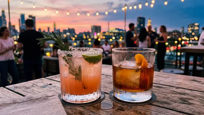 Zwei Drinks auf einer Rooftop-Bar in der Dämmerung.